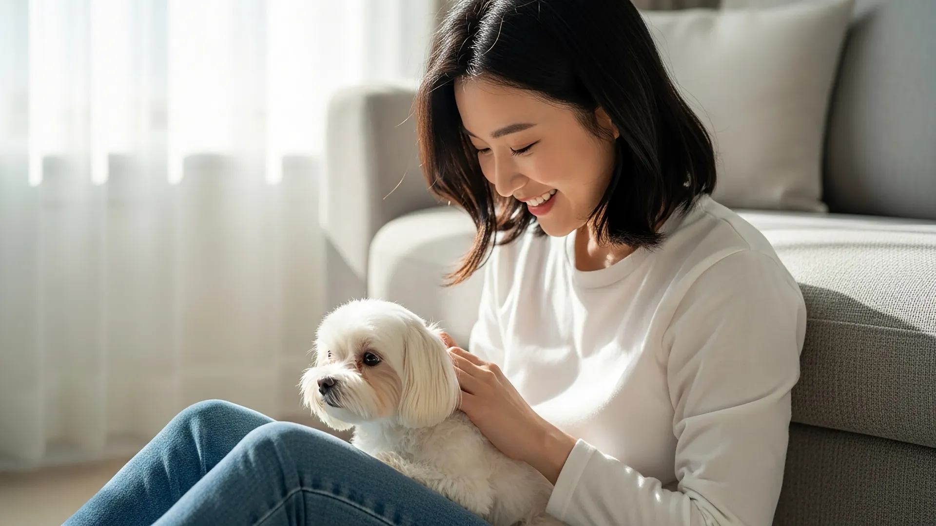 가족들이 거실에서 강아지와 함께 웃고 있는 모습