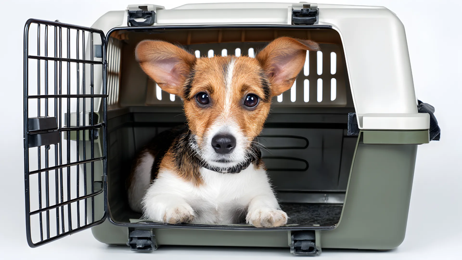 켄넬 안에서 안정적으로 기다리는 훈련을 하는 강아지